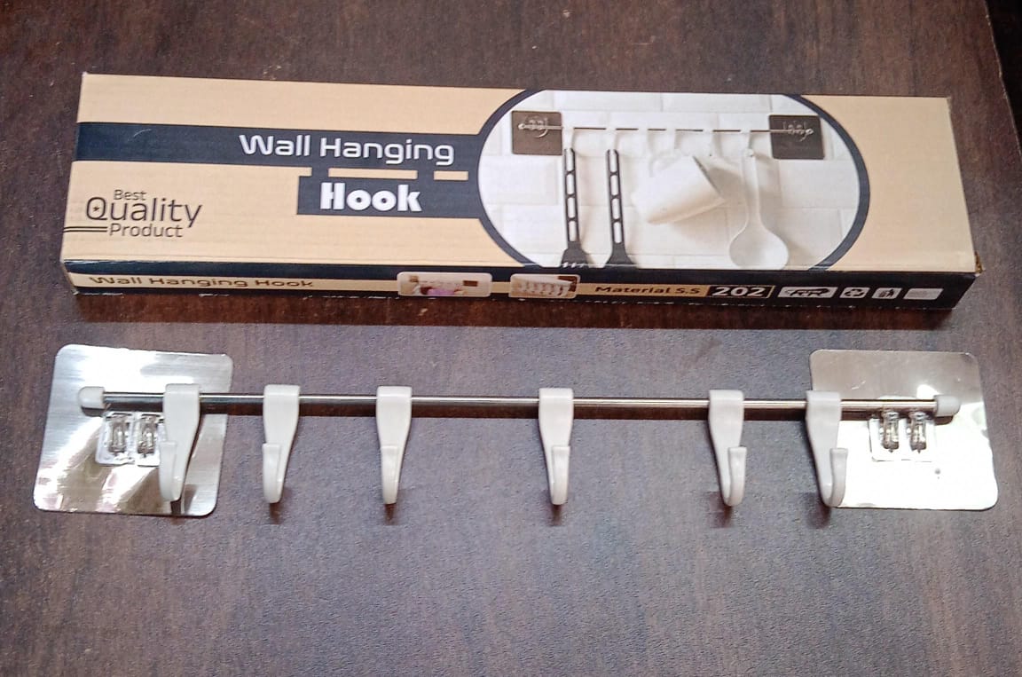 17968 Stainless Steel Utensil Hanger Rail Nail Free Wall Mount with 2 Magic Stickers & 6 Plastic Hooks For Kitchen 17968 Stainless Steel Utensil Hanger Rail Nail Free Wall Mount with 2 Magic Stickers & 6 Plastic Hooks For Kitchen